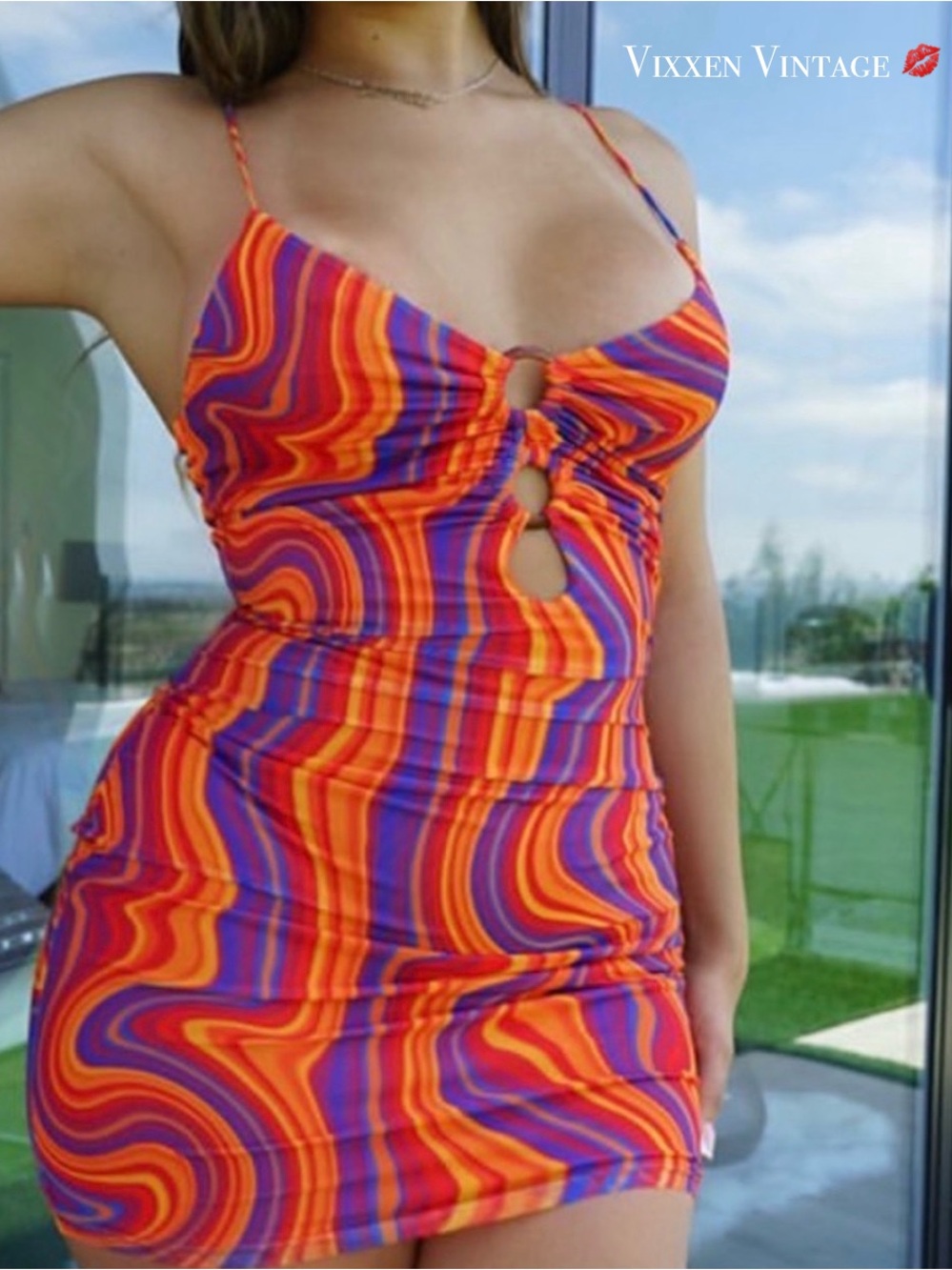 BLANC GROOVY SWIRL CUTOUT BODYCON DRESS IN ORANGE